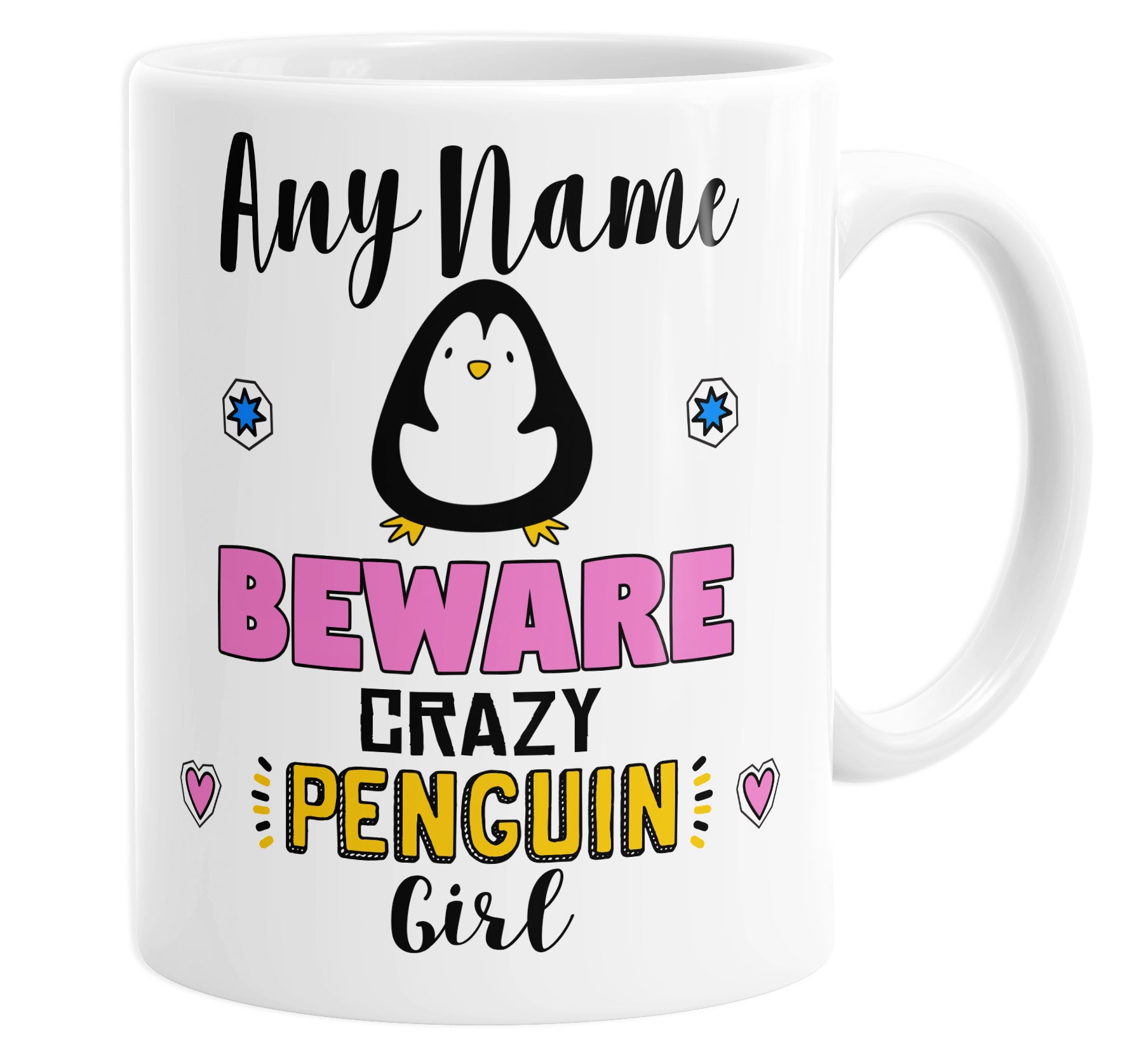 Beware Crazy Penguin Girl Personalised Custom Name Mug