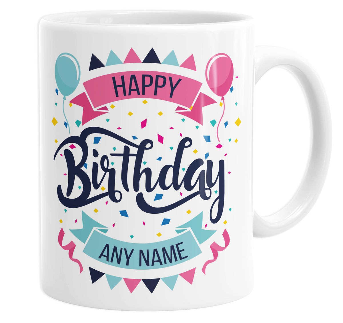 Happy Birthday Banners &amp; Balloons Personalised Custom Name Mug