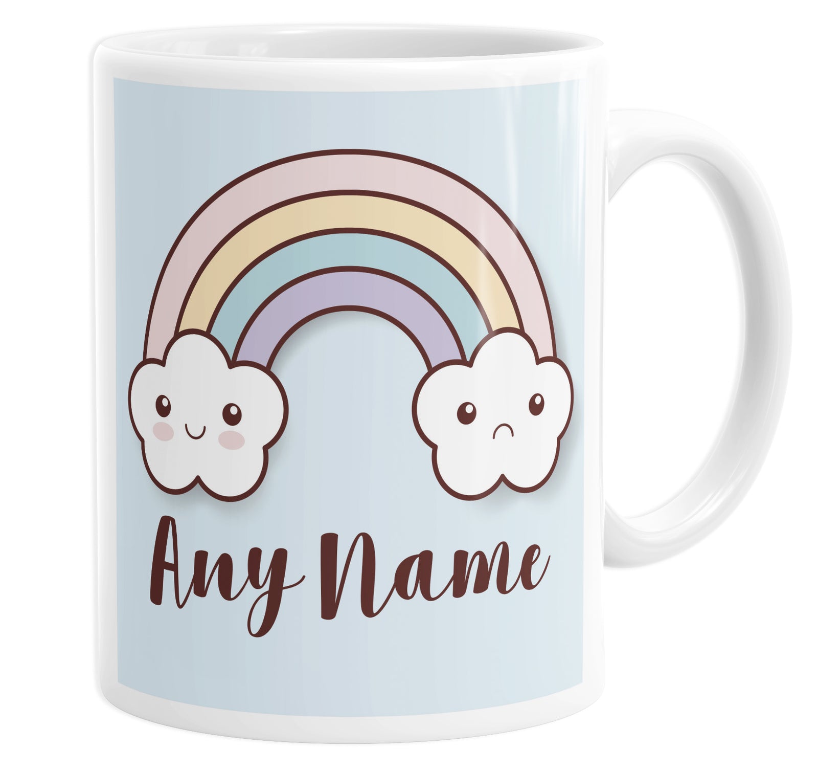 Cute Rainbow Happy & Sad Clouds Personalised Custom Name Mug