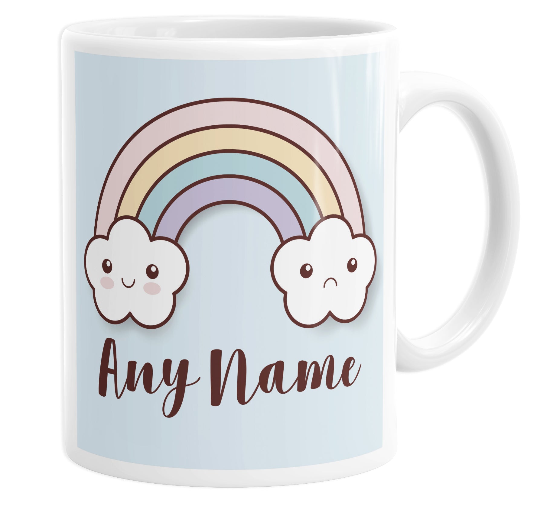 Cute Rainbow Happy & Sad Clouds Personalised Custom Name Mug