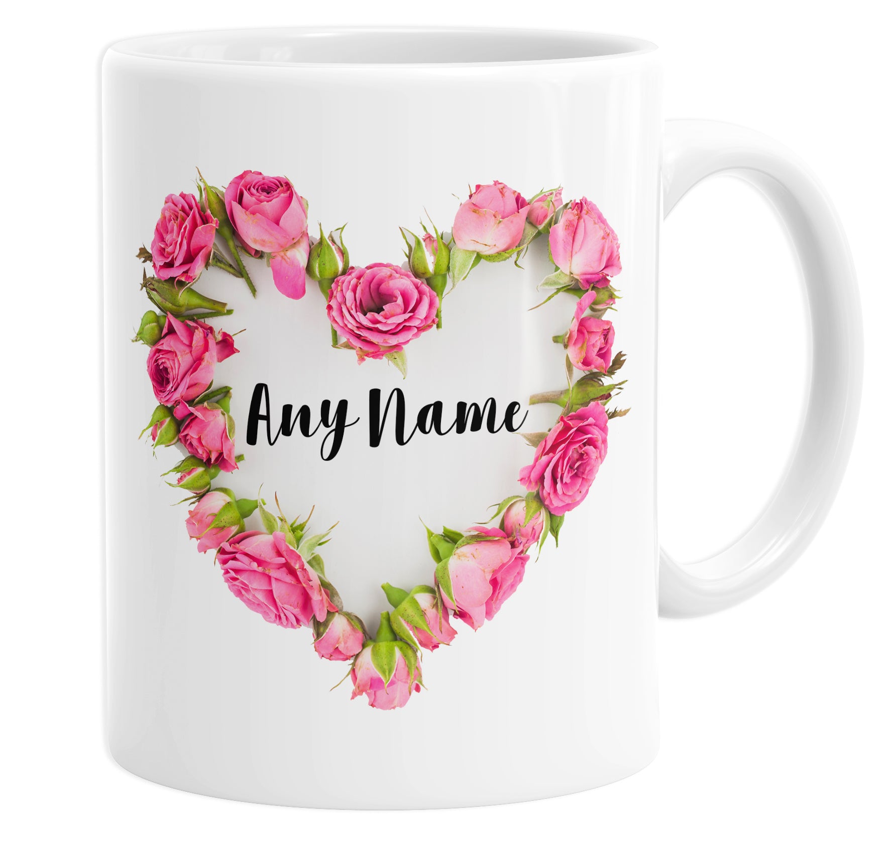 Floral Love Heart Pink Roses Wreath Bouquet Personalised Custom Name Coffee Mug Tea Cup For Her