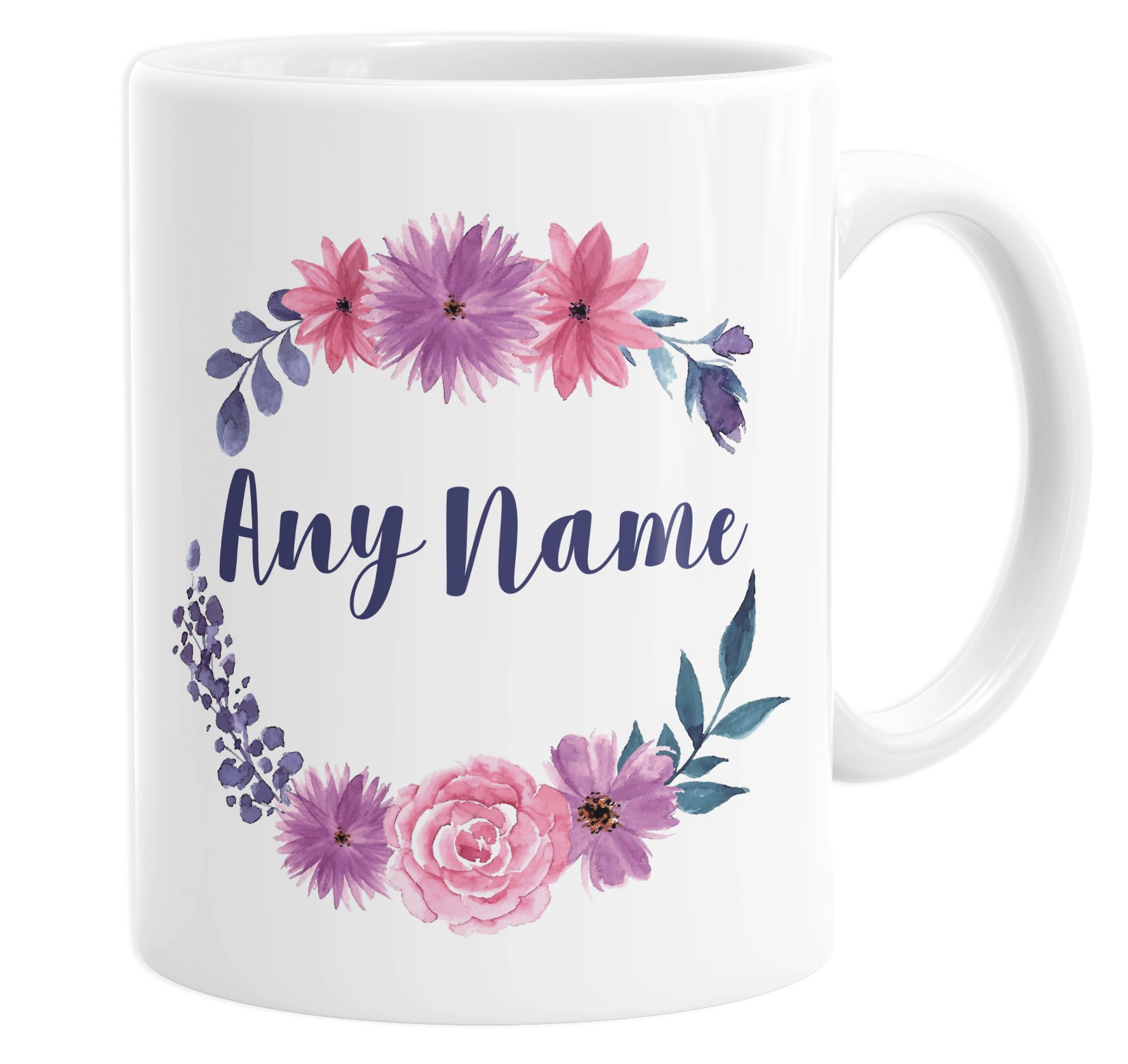 Floral Round Wreath Bouquet Leaves Personalised Custom Name Mug