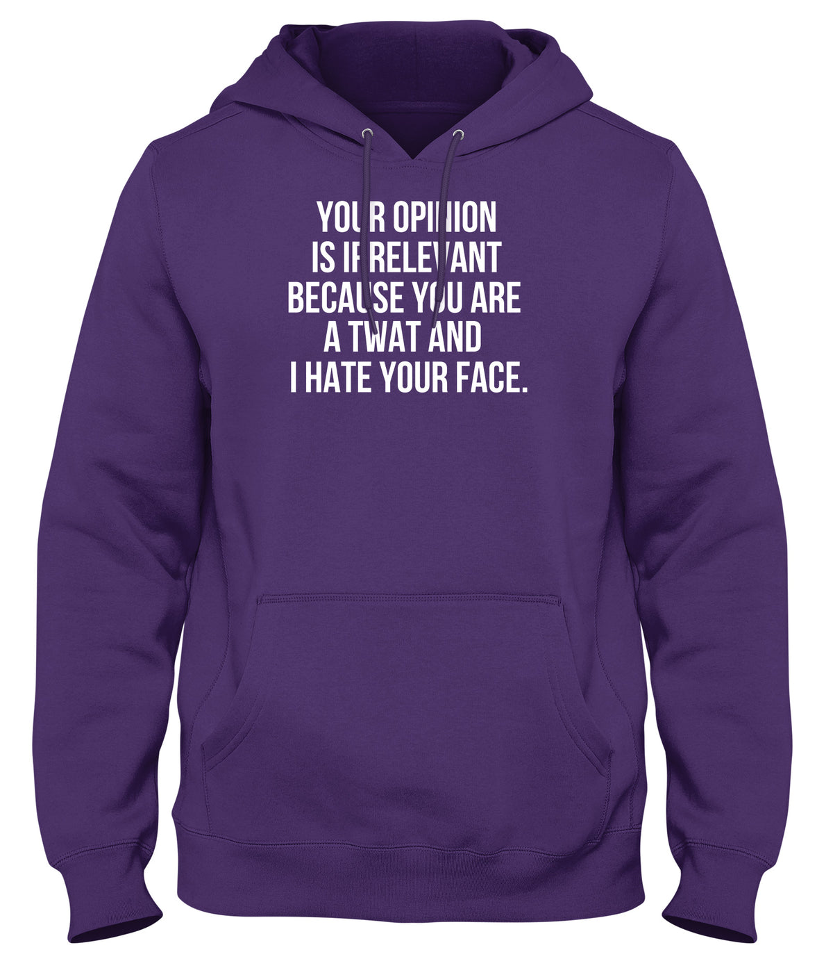 YOUR OPINION IS IRRELEVANT BECAUSE YOUR A TWAT AND I HATE YOUR FACE MAN MENS WOMENS LADIES UNISEX FUNNY SLOGAN HOODIE