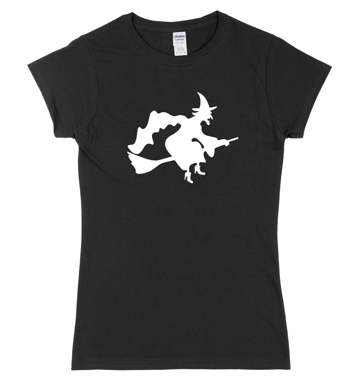 Witch Flying A Broomstick Design Womens Ladies Slim Fit Halloween T-Shirt
