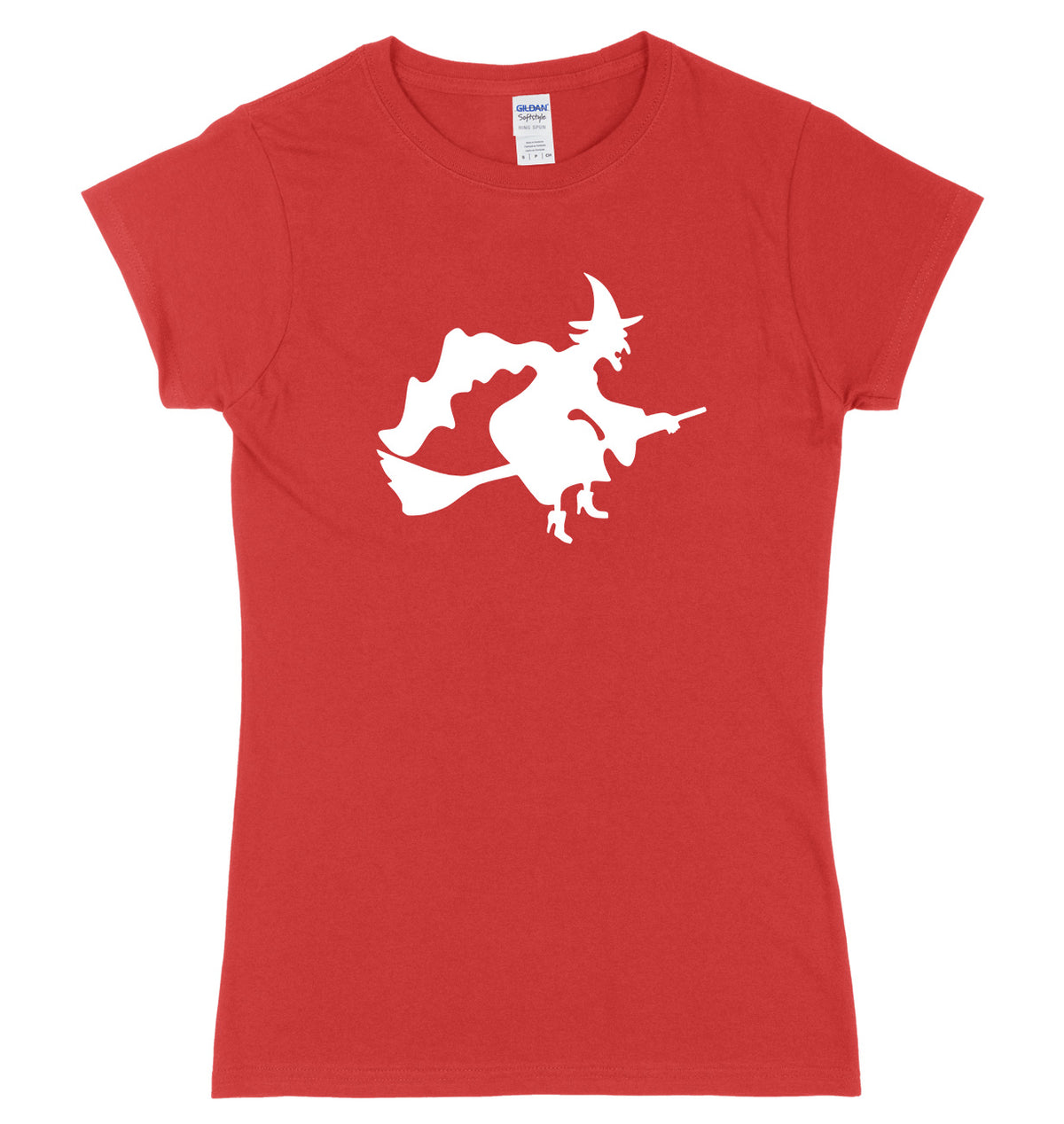 Witch Flying A Broomstick Design Womens Ladies Slim Fit Halloween T-Shirt