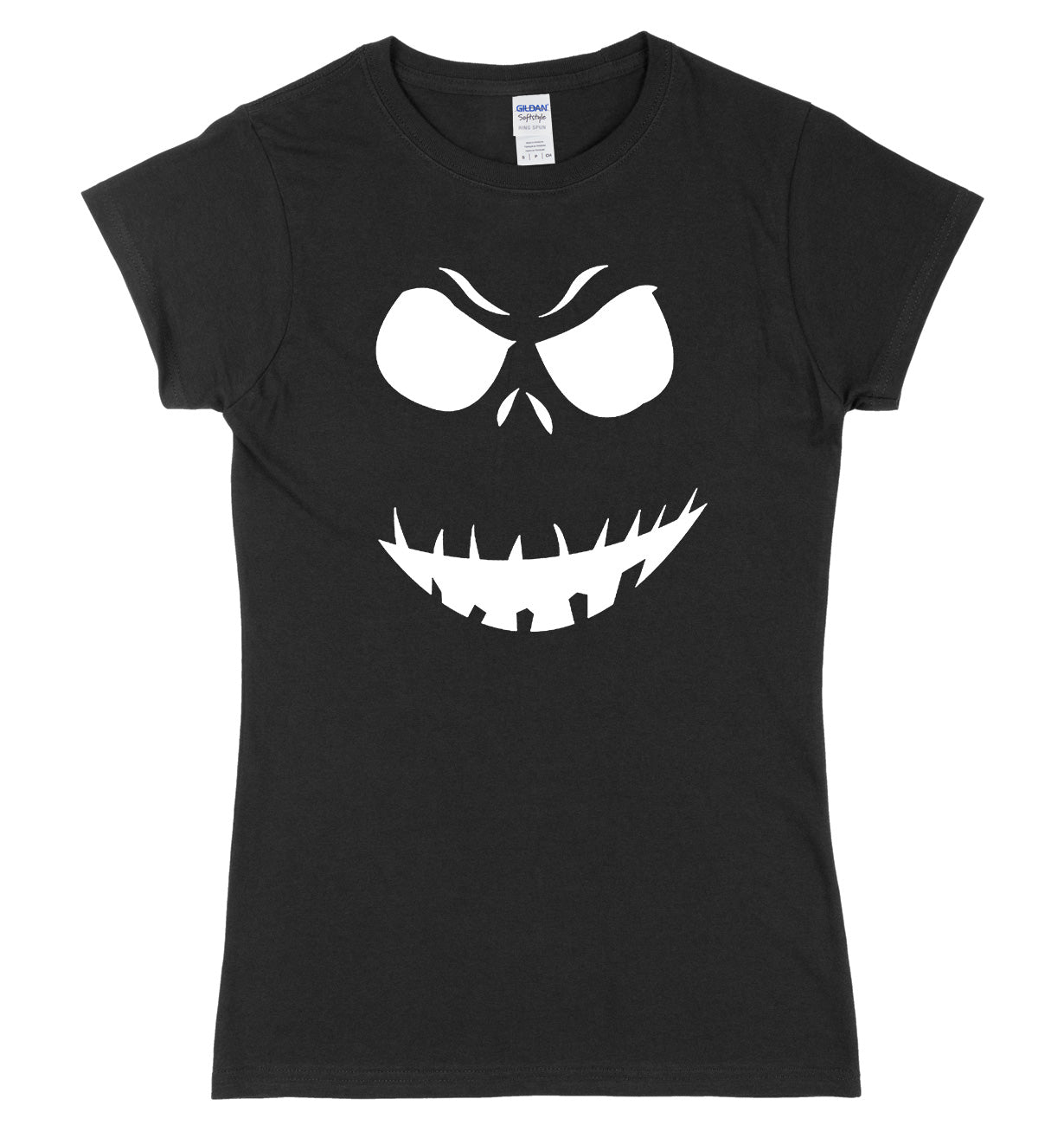 Evil Scary Pumpkin Face Design Womens Ladies Slim Fit Halloween T-Shirt
