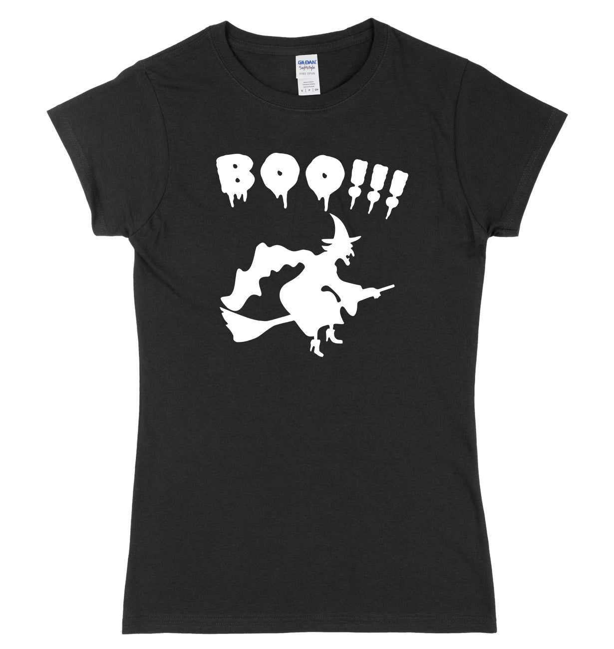 BOO!! Witch Flying A Broomstick Womens Ladies Slim Fit Halloween T-Shirt