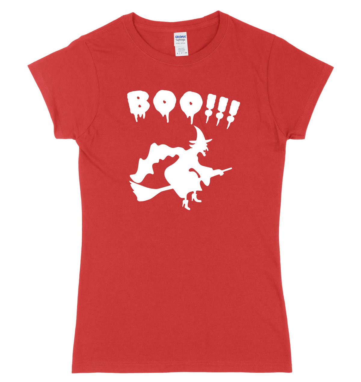 BOO!! Witch Flying A Broomstick Womens Ladies Slim Fit Halloween T-Shirt