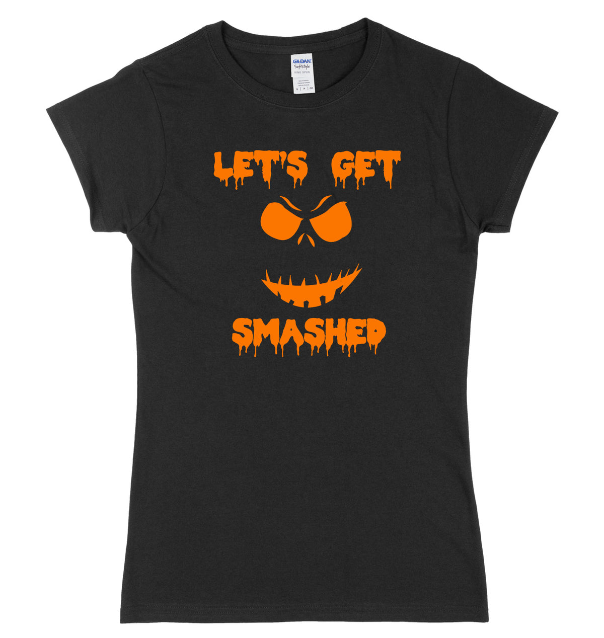 Lets Get Smashed Evil Pumpkin Face Womens Ladies Slim Fit Halloween T-Shirt