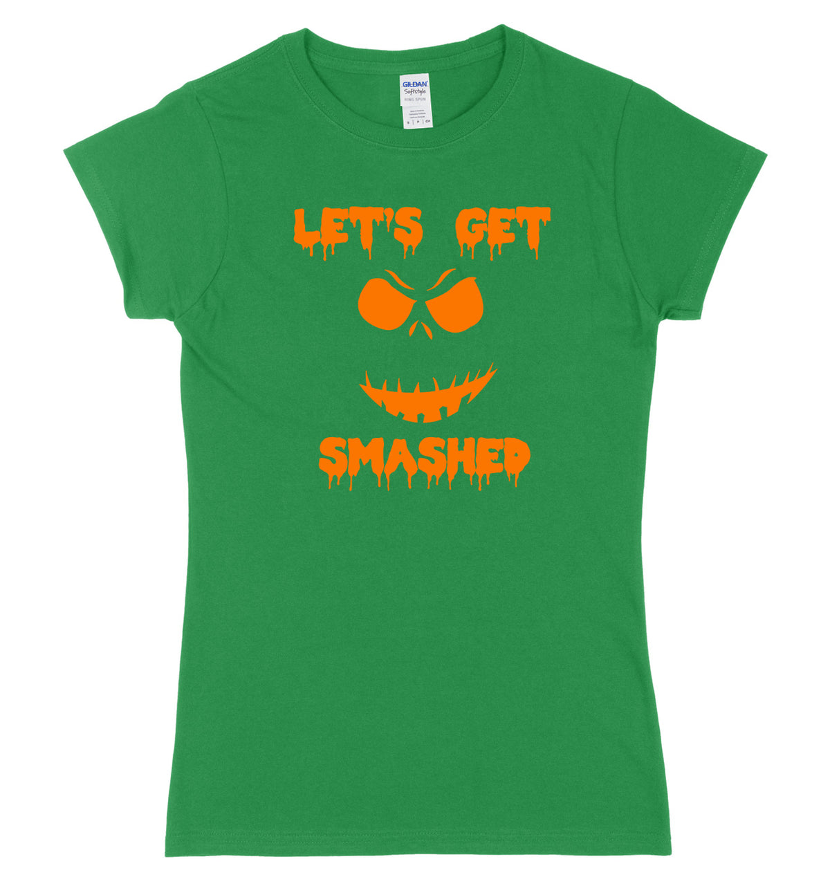 Lets Get Smashed Evil Pumpkin Face Womens Ladies Slim Fit Halloween T-Shirt