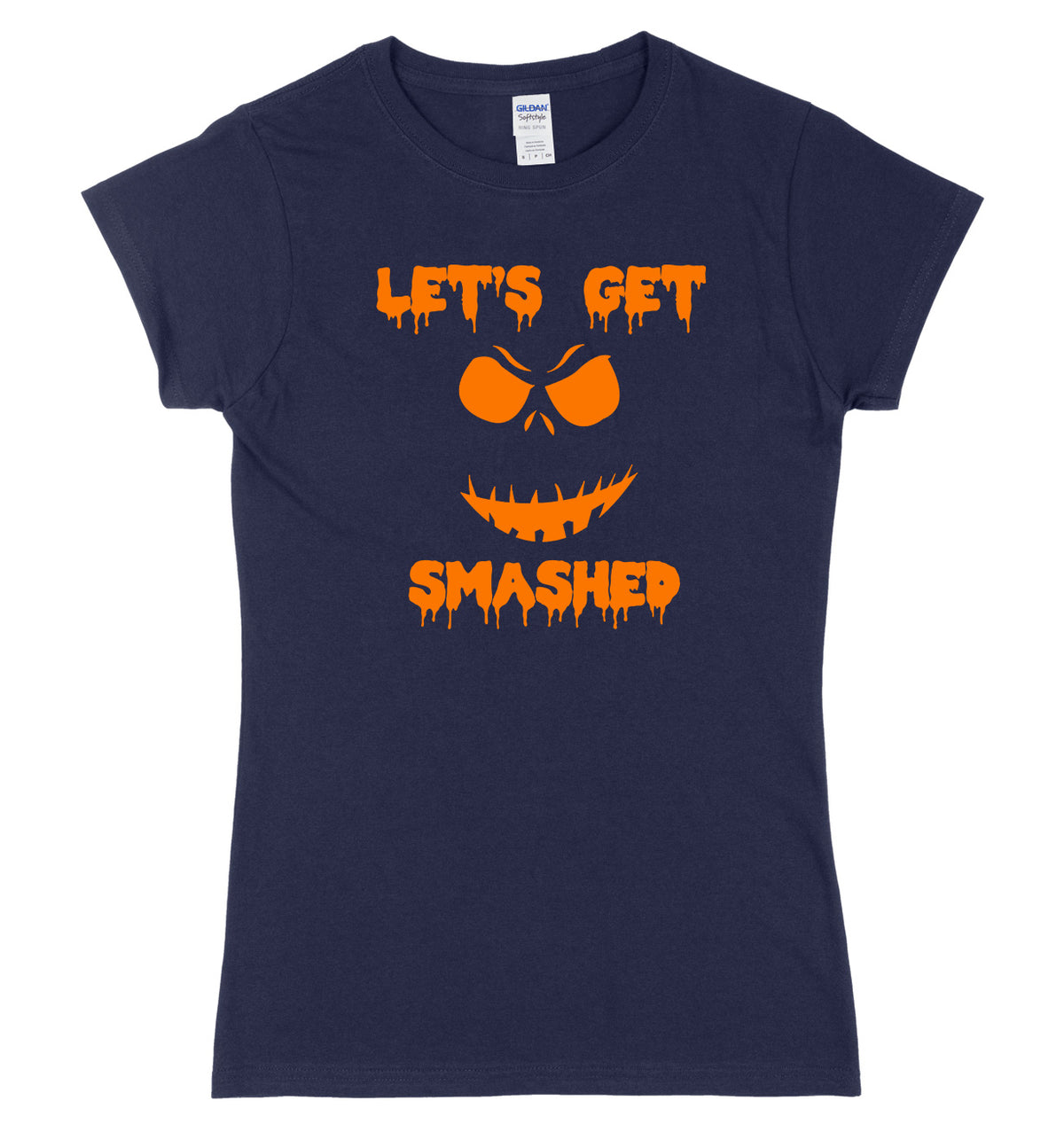 Lets Get Smashed Evil Pumpkin Face Womens Ladies Slim Fit Halloween T-Shirt